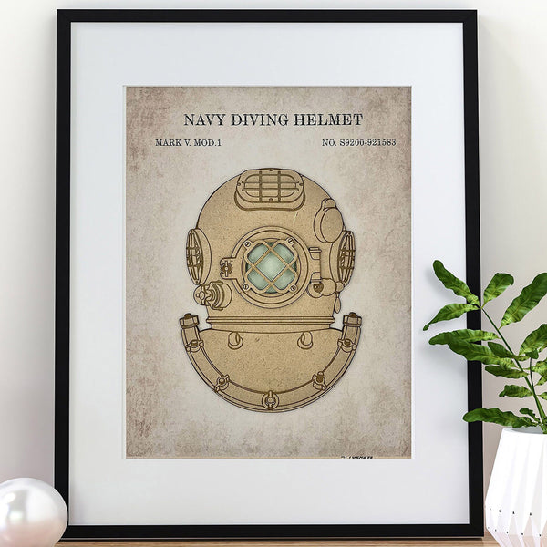 DIVING HELMET PATENT - mixed media artwork for laser and print